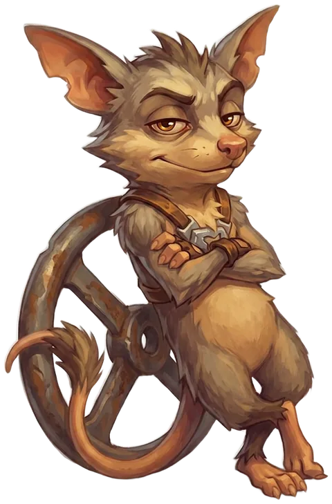 Kip: a wiry pygmy possum with big notched ears and heavy-lidded amber eyes, arms crossed, leaning on a rusty wheel