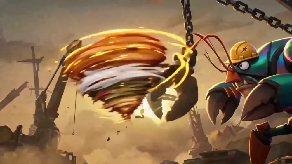 Rory in a golden claw-spin tornado facing a crab foreman in a hard hat