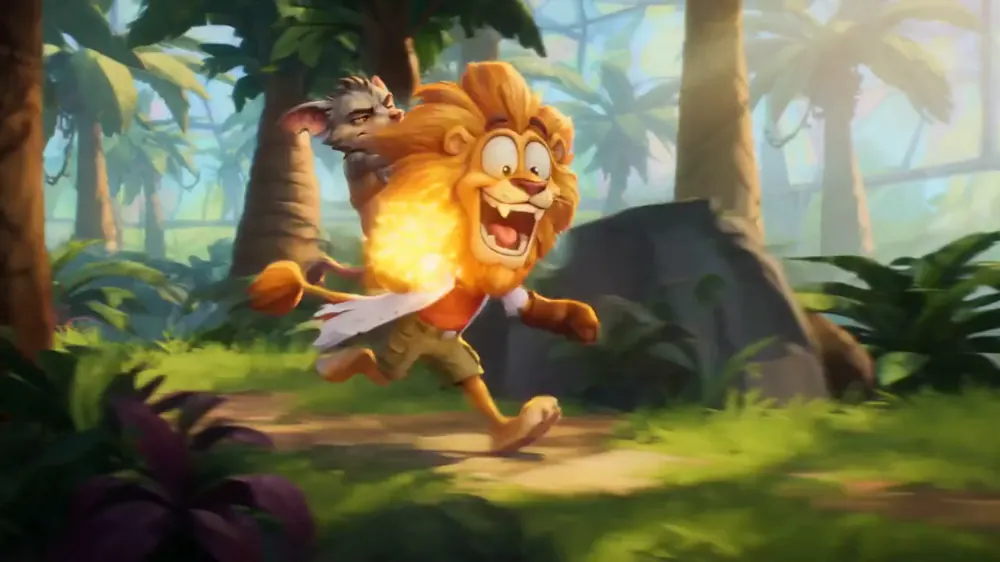 Rory holding a blazing ember orb while sprinting through the jungle with Kip on his shoulder