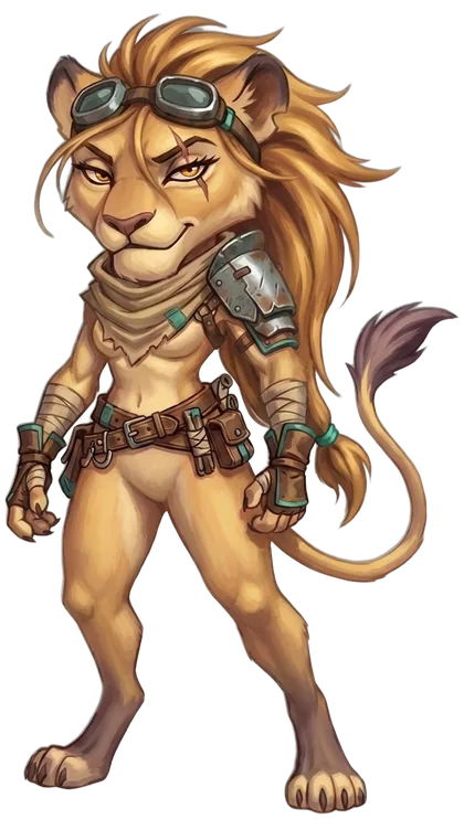 Nyra: a lioness adventurer with goggles pushed up on her forehead, a scar across one eye, a scarf, one armoured shoulder and a tool belt